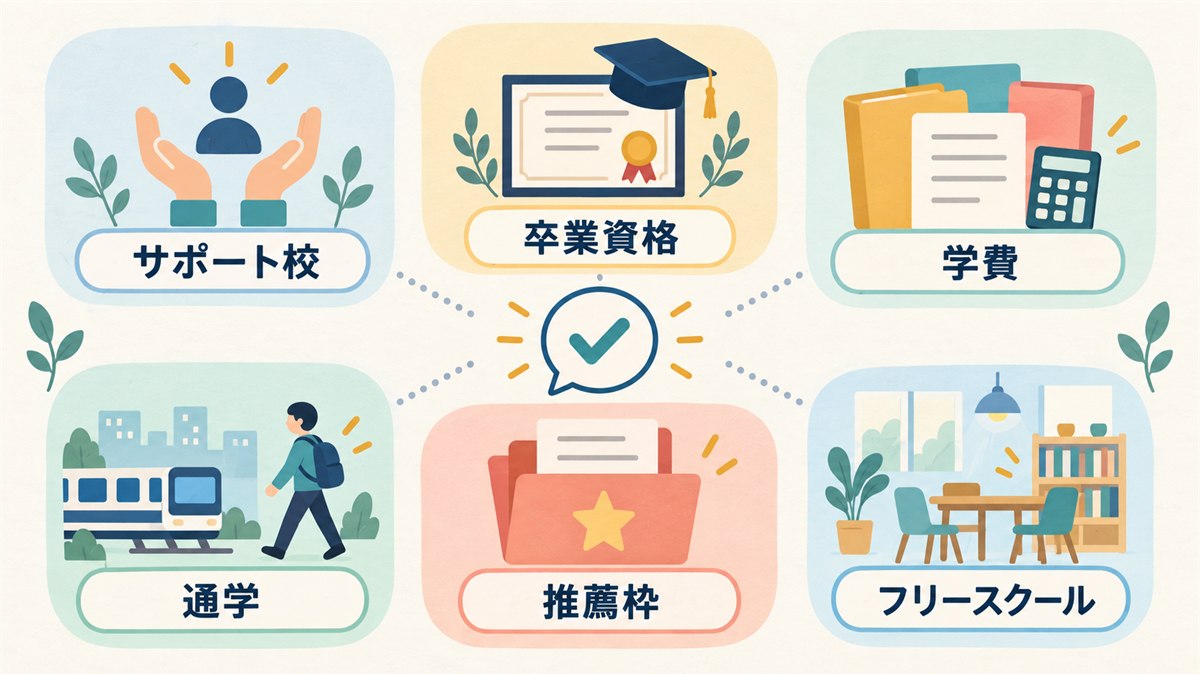サポート校の仕組みや卒業資格などの質問を整理したFAQ図