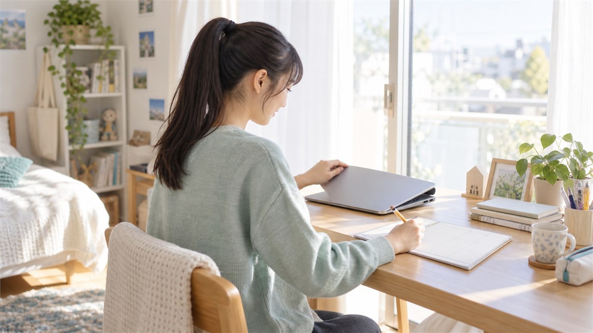 オンライン学習の計画を整えて次の体験を考える日本人高校生