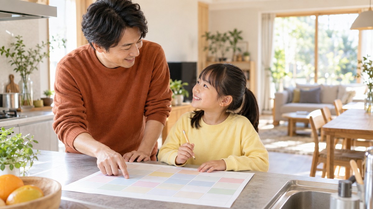 明るい部屋で予定を確認する父親と小学生の娘