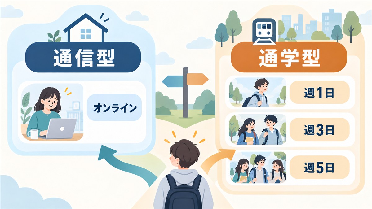 通信型と通学型に分かれる学び方と通学日数を示す図