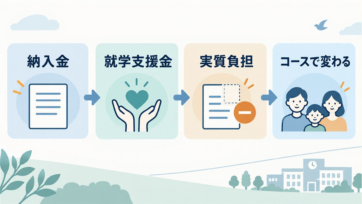 納入金・就学支援金・実質負担とコースによる違いを示す図