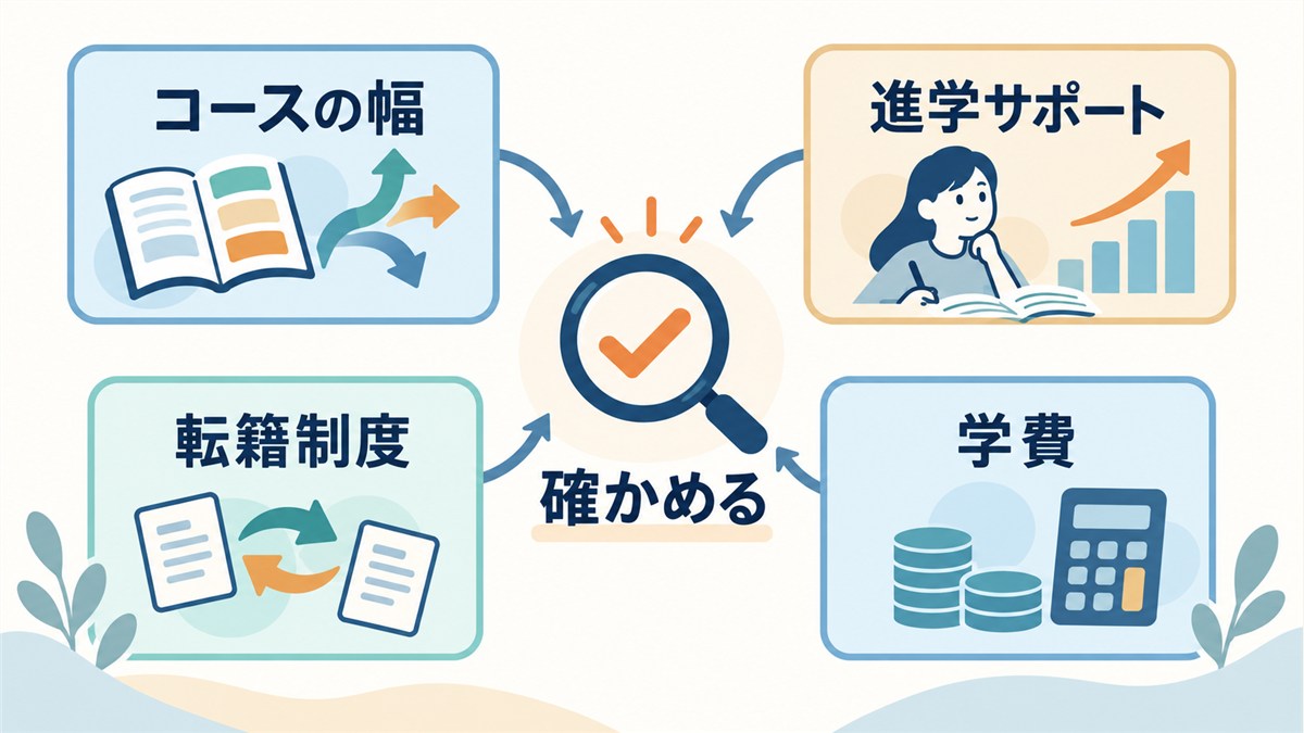コース・進学サポート・転籍制度・学費を確かめる図