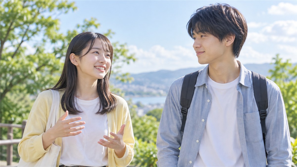 屋外で将来について明るく話す日本人高校生2人
