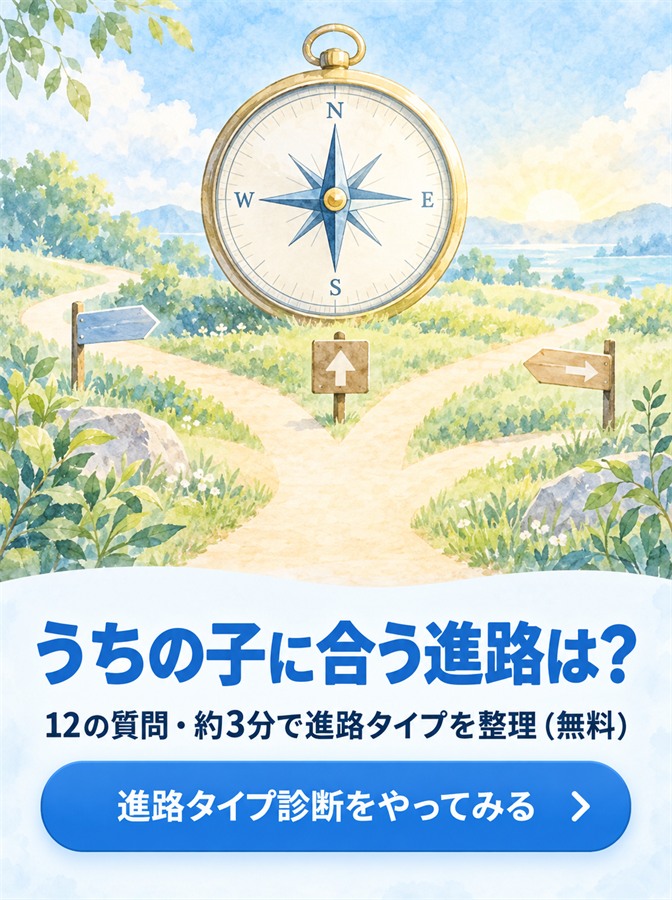コンパスと分かれ道のイラスト。うちの子に合う進路は？12の質問・約3分で進路タイプを整理（無料）。進路タイプ診断をやってみる