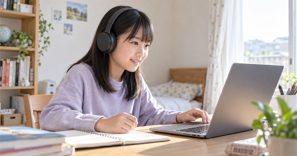自宅でヘッドセットを着けオンライン学習をする日本人の小学生