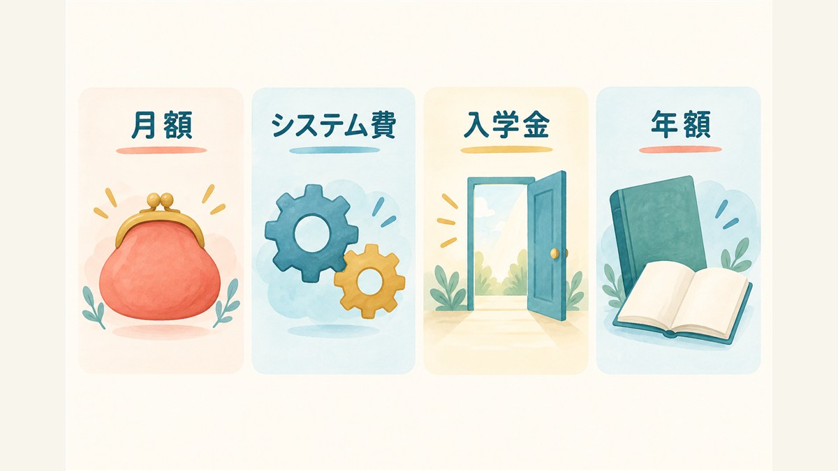 月額・システム費・入学金・年額から費用構造を確認する図