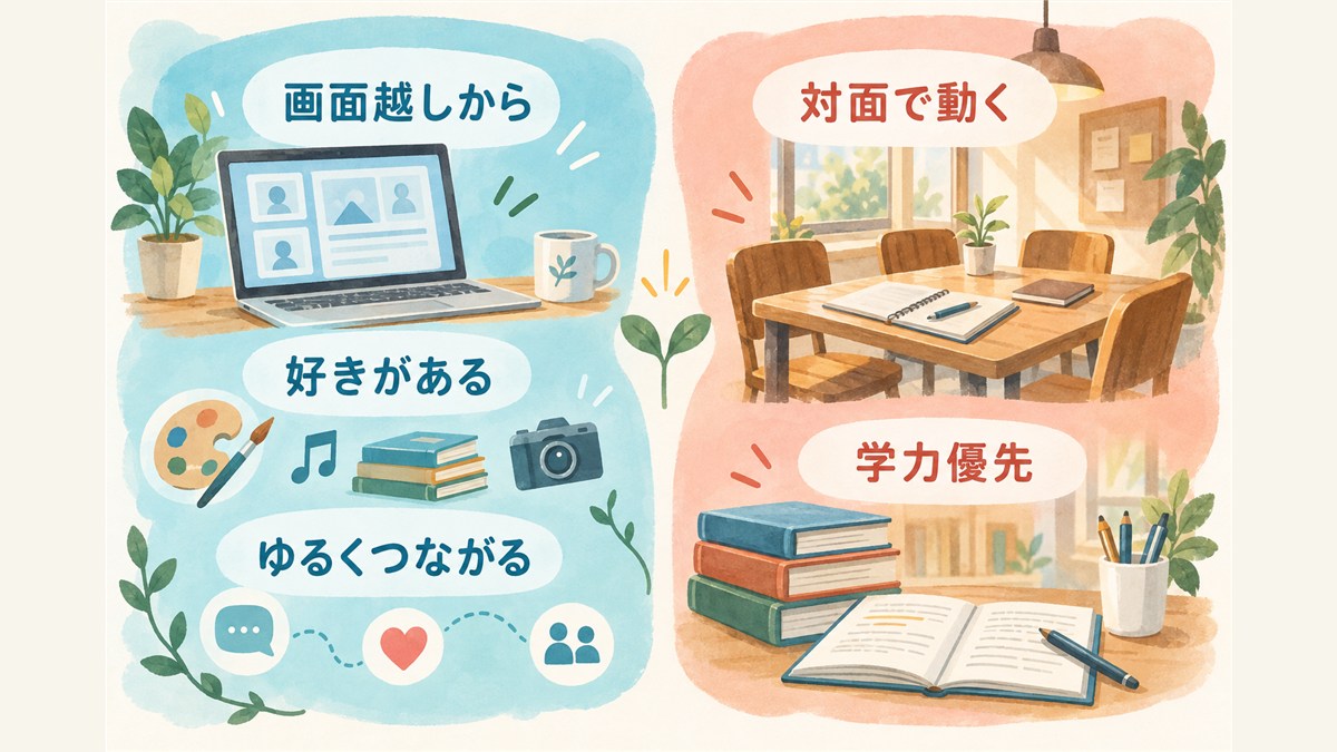 画面越しの交流に合う学び方と対面や学力を重視する学び方の比較図