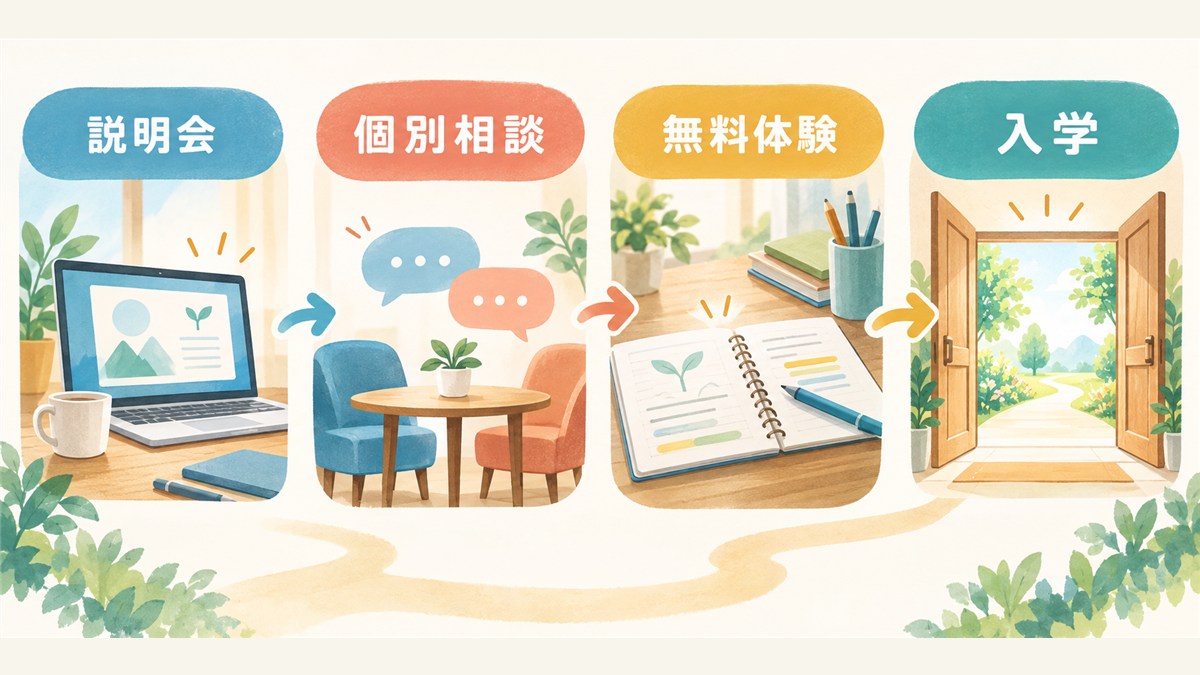 説明会・個別相談・無料体験・入学の流れを示す図