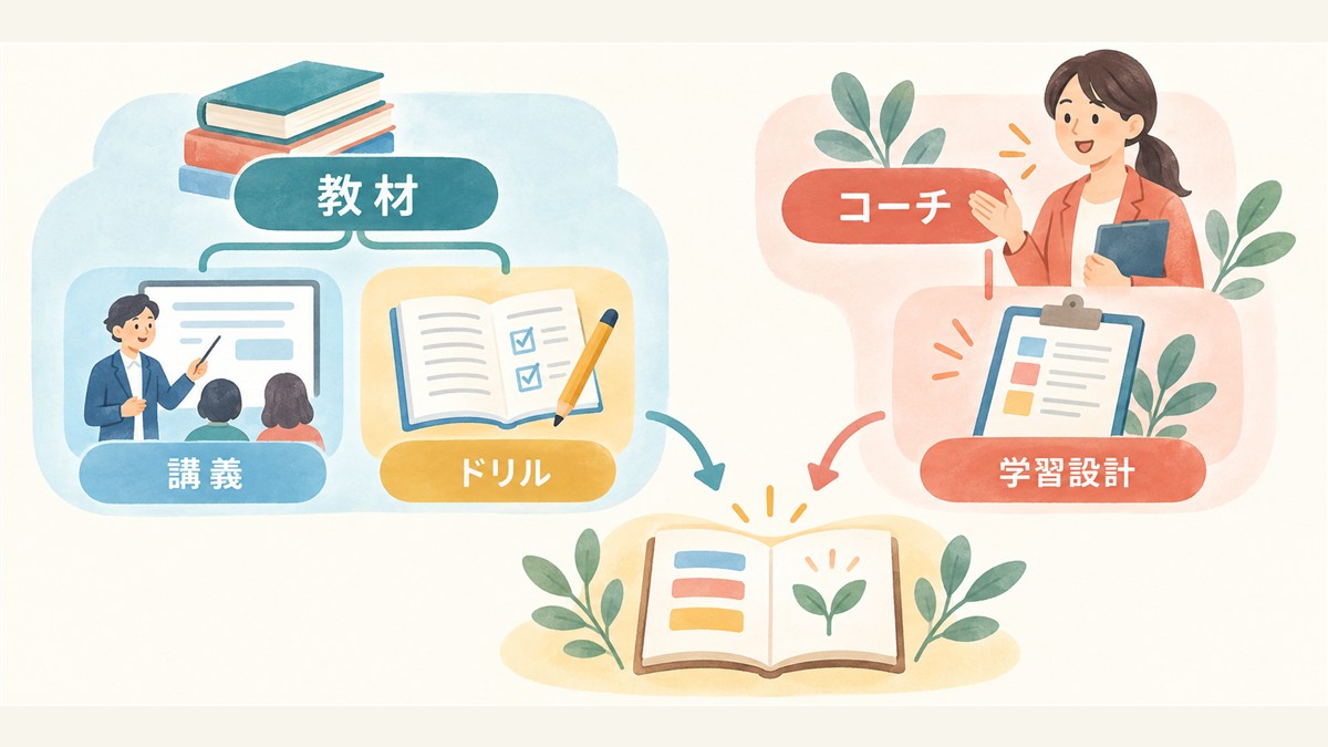 教材の講義・ドリルとコーチの学習設計を示す図