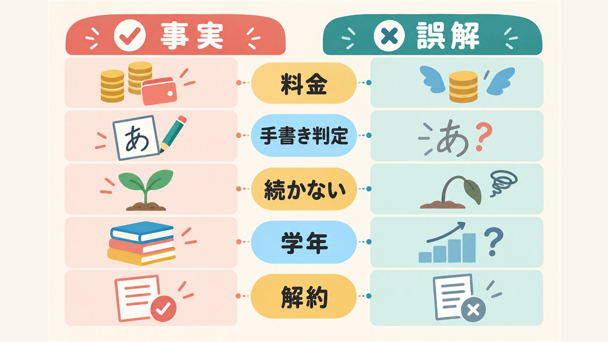 料金・手書き判定・継続・学年・解約を事実と誤解で照合する図