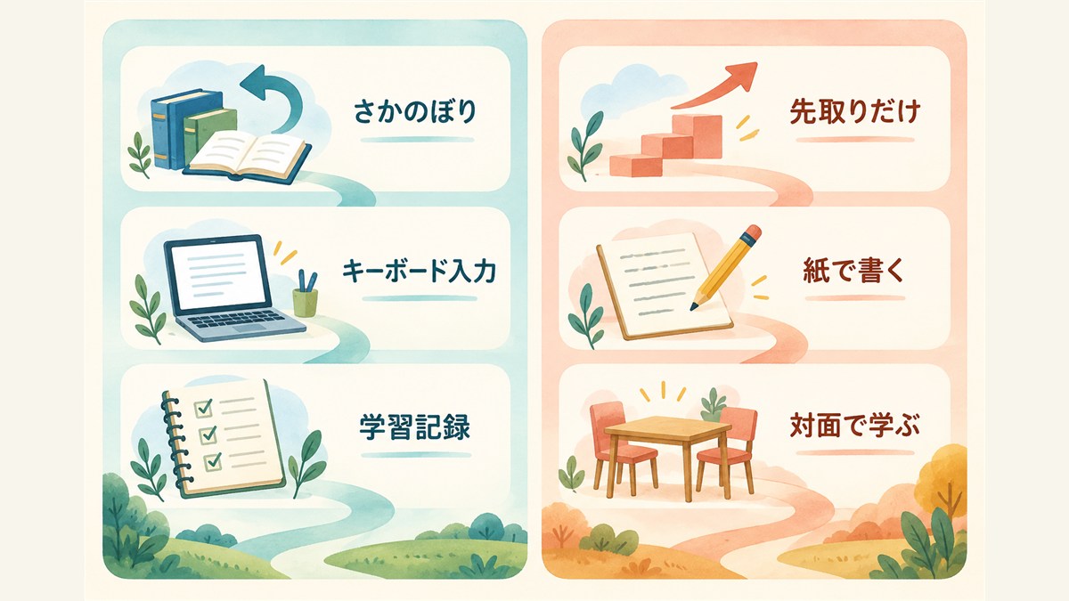 オンライン教材に向く学び方と対面や紙を重視する学び方の比較図