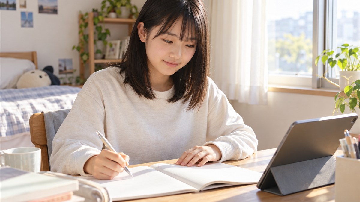 明るい部屋で自分のペースで学習を再開する日本人の中学生