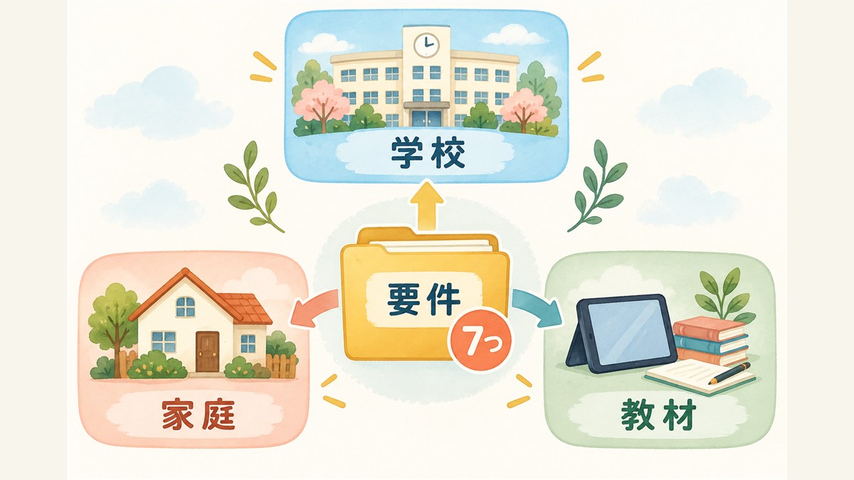 出席扱いの7要件を学校・家庭・教材の担当に分ける図