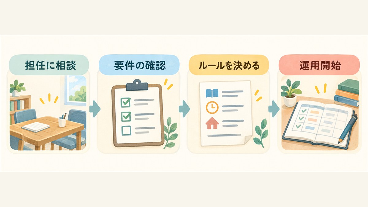 担任への相談から運用開始までの4段階を示す図