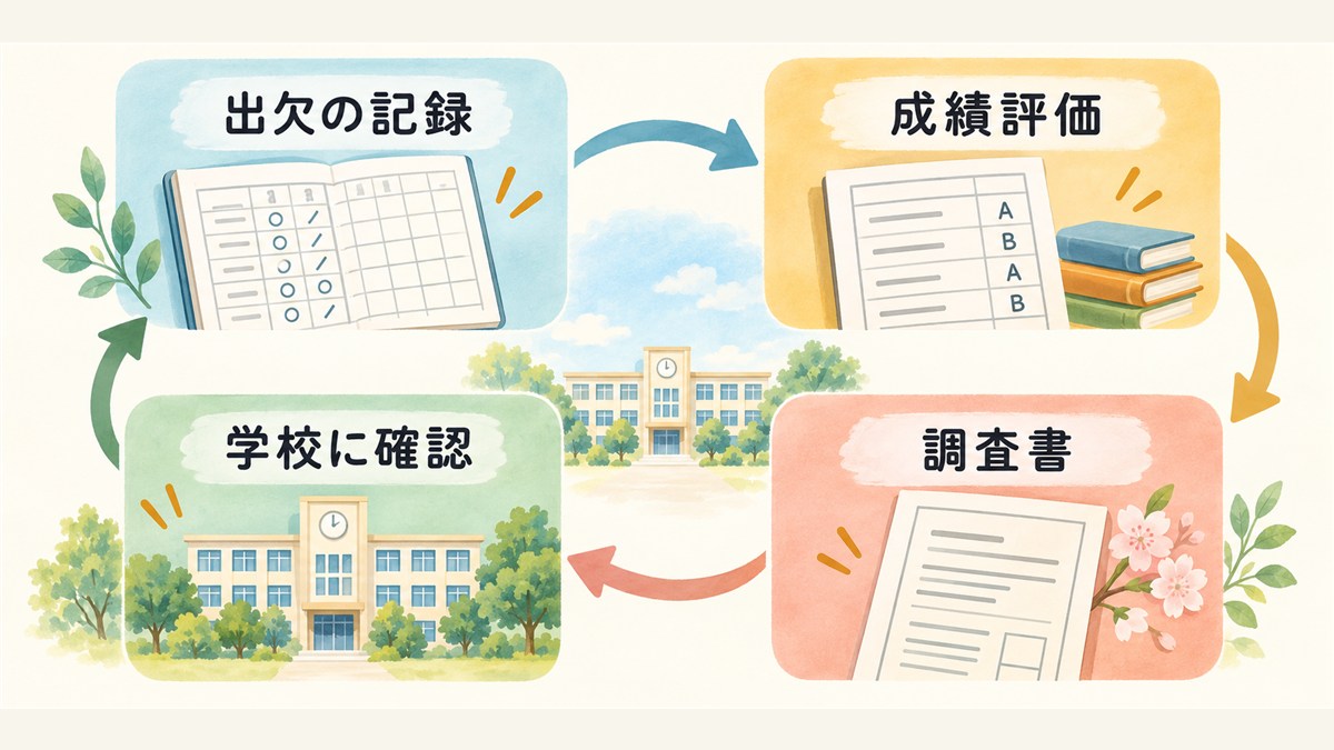 出欠の記録・成績評価・調査書を学校に確認する図