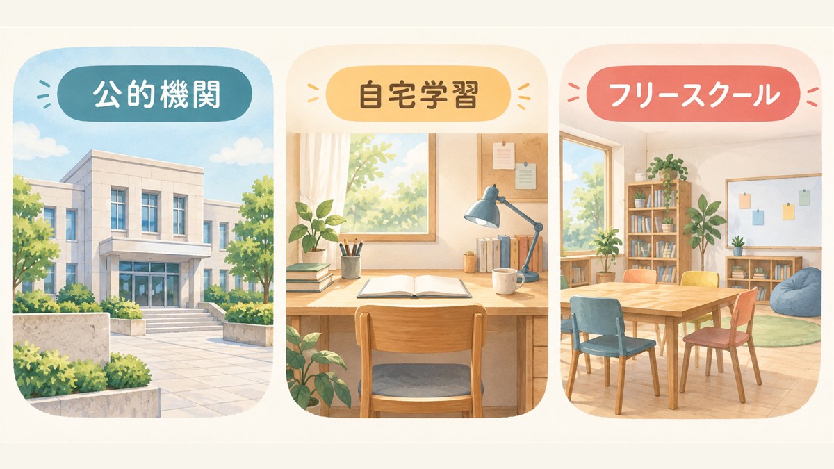 公的機関・自宅学習・フリースクールの費用の位置づけを比べる図