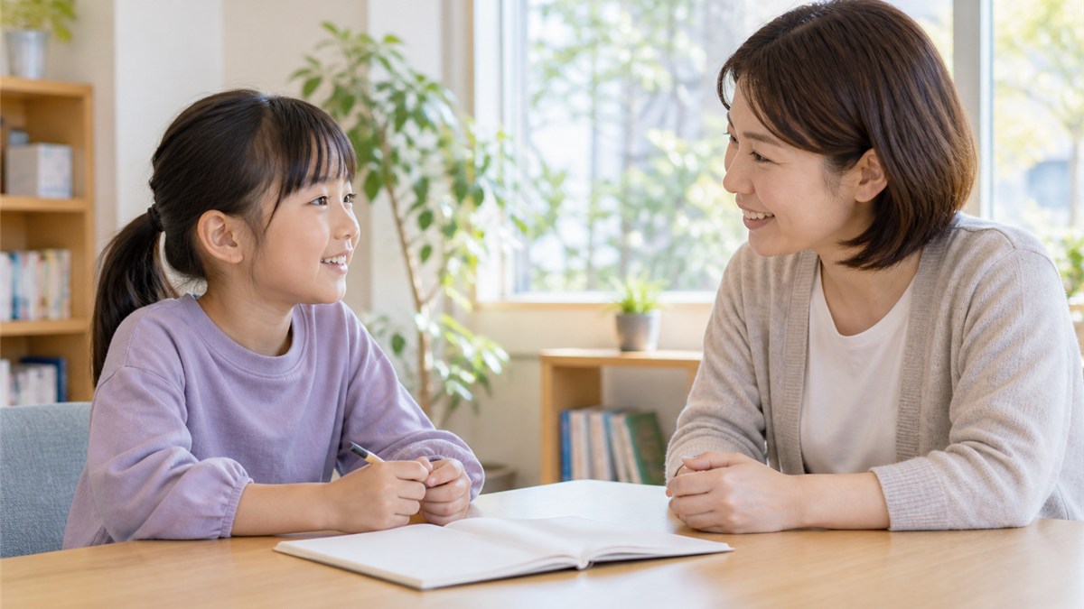 明るい相談室で先生役の大人と話す日本人の小学生