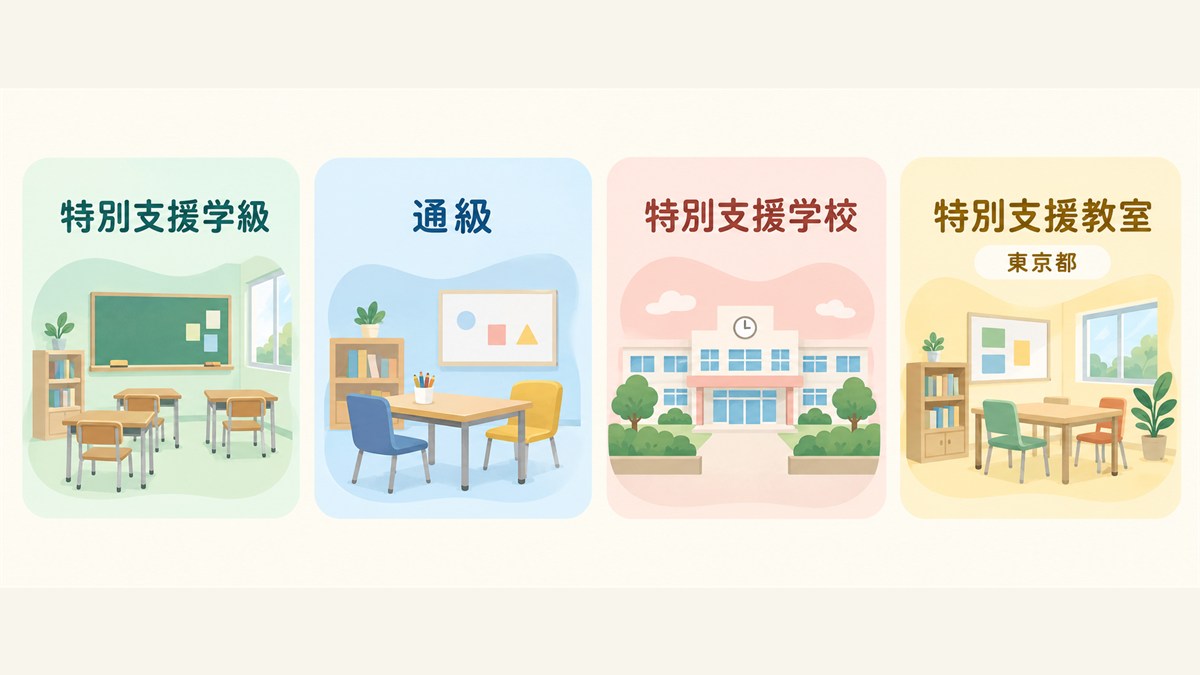特別支援学級・通級・特別支援学校・東京都の特別支援教室を比べる図