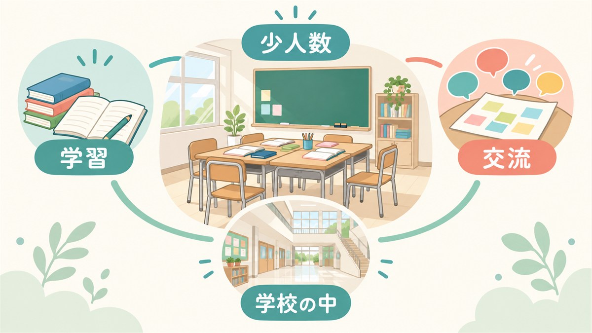 学校の中で少人数の学習と交流を行う特別支援学級の図