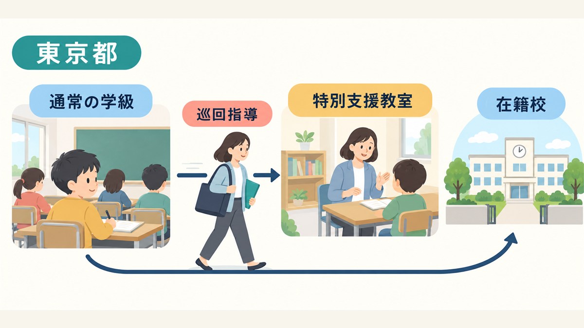 在籍校の特別支援教室で巡回指導を受ける東京都の仕組みの図