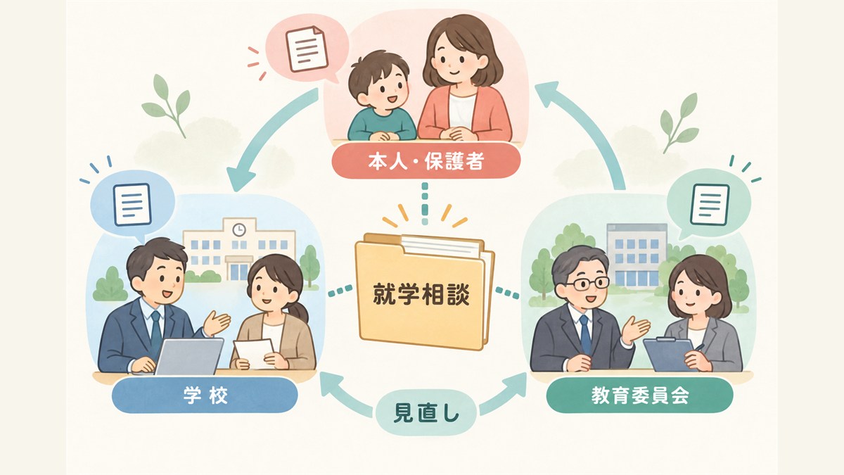 本人・保護者、学校、教育委員会が相談し学びの場を見直す図
