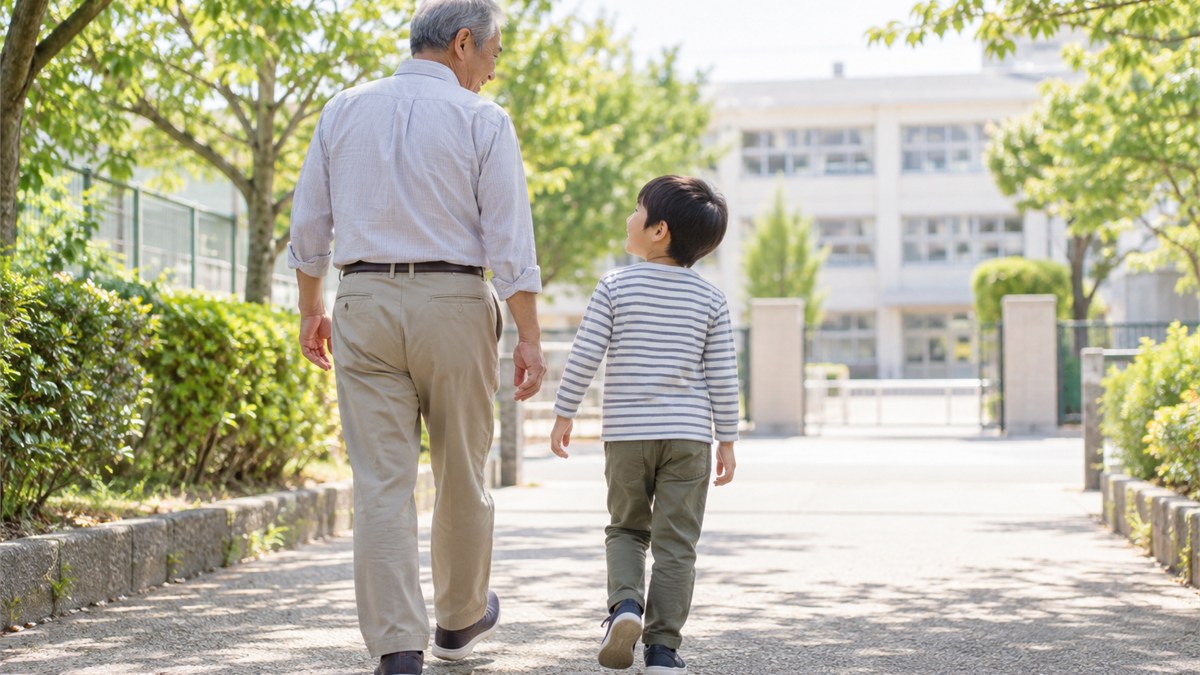明るい道を一緒に歩く日本人の小学生と祖父