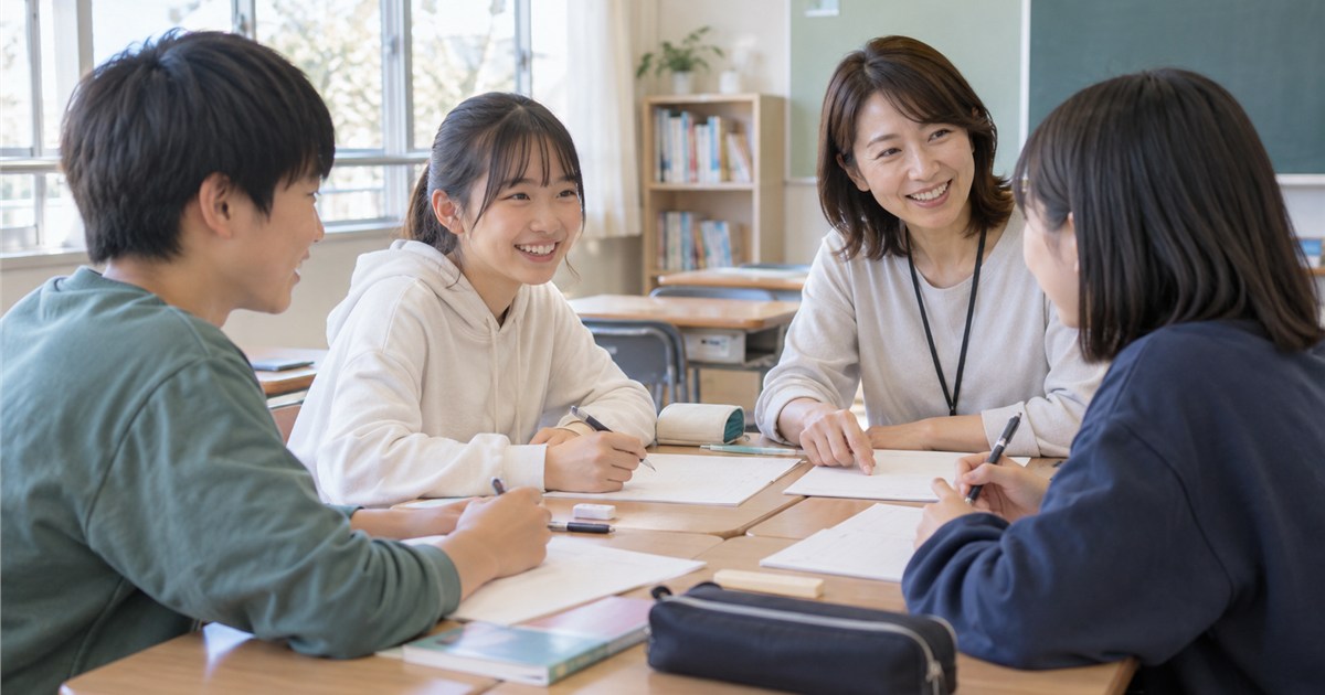 明るい少人数教室で机を囲んで学ぶ日本人の中学生三人と教員