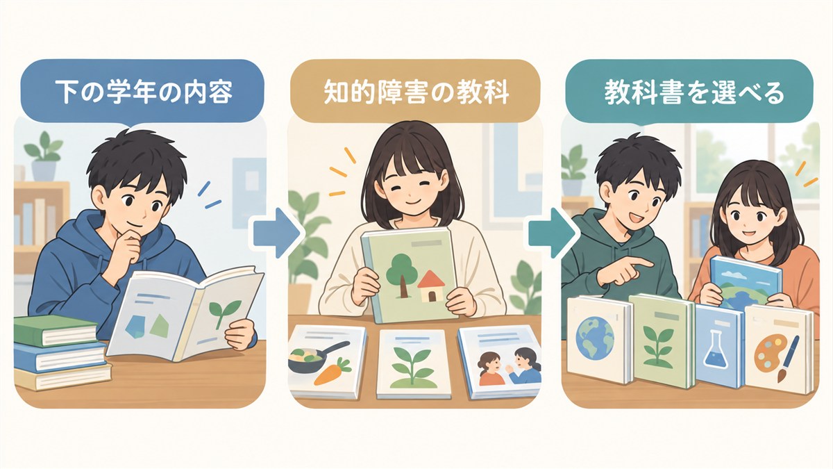 学習内容や教科、教科書を選べることを示す図解