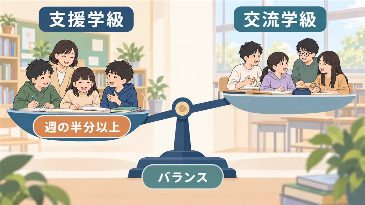 週の半分以上を支援学級で過ごす原則と交流学級とのバランスを示す図解