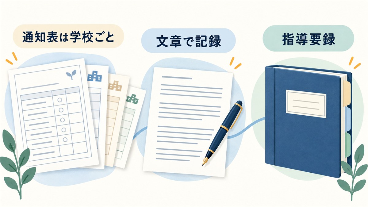 通知表と文章記録、指導要録を示す図解
