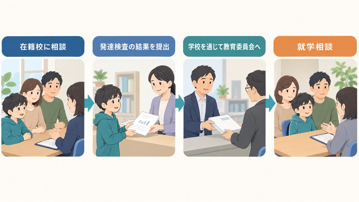 在籍校への相談から検査結果の提出、教育委員会、就学相談までの手順を示す図解