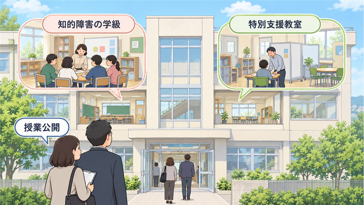 一つの中学校内にある知的障害の学級と特別支援教室、授業公開を示す図解