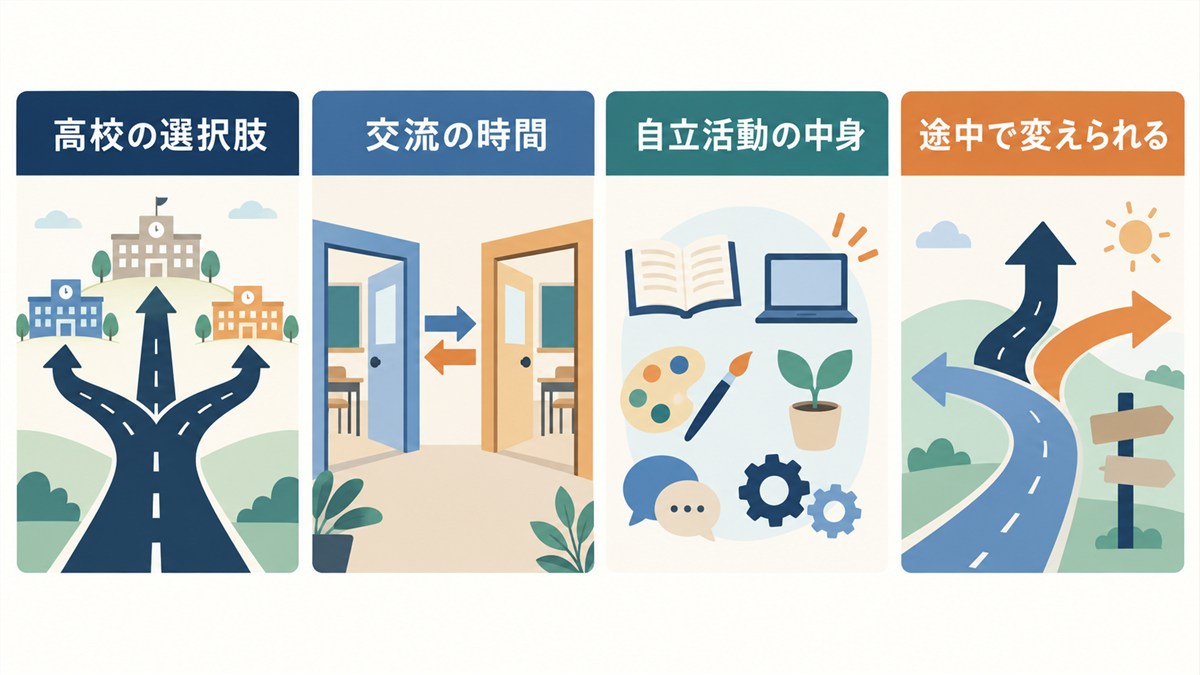 高校の選択肢や交流、自立活動、変更可能性を示す図解