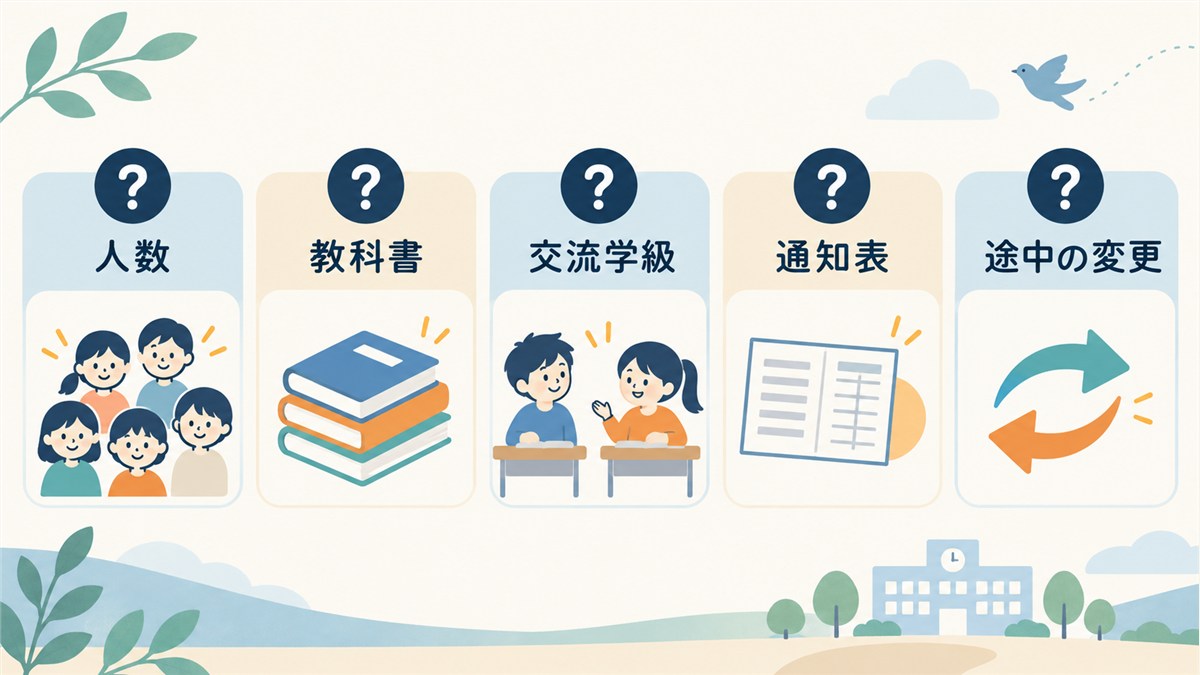 人数や教科書、交流学級、通知表、途中変更の質問を示す図解