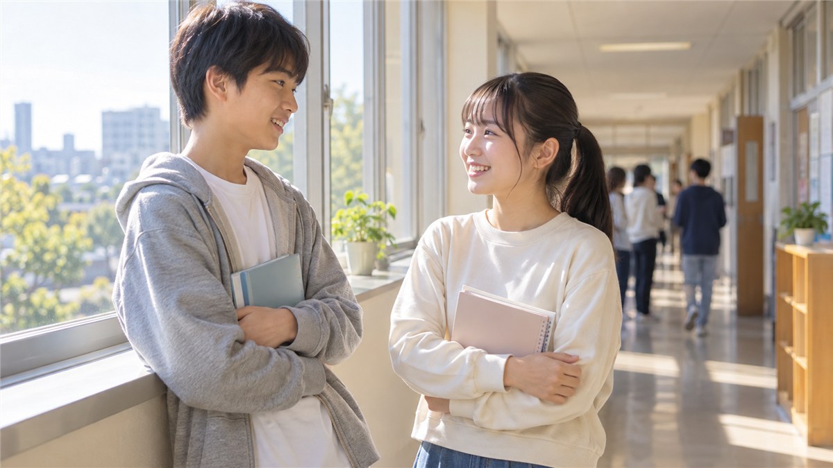 明るい廊下で自然に話す日本人の中学生二人