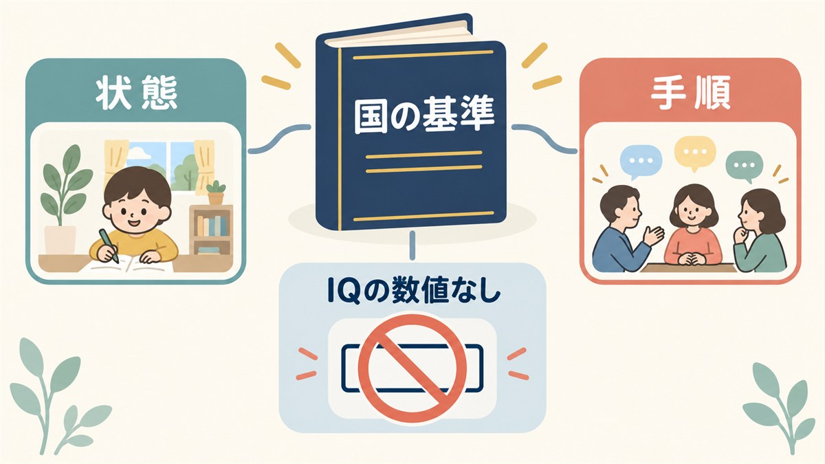 国の基準は状態と手順を示しIQの数値基準はないことを表す図