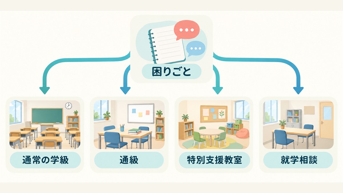困りごとから通常の学級、通級、特別支援教室、就学相談へ進む図