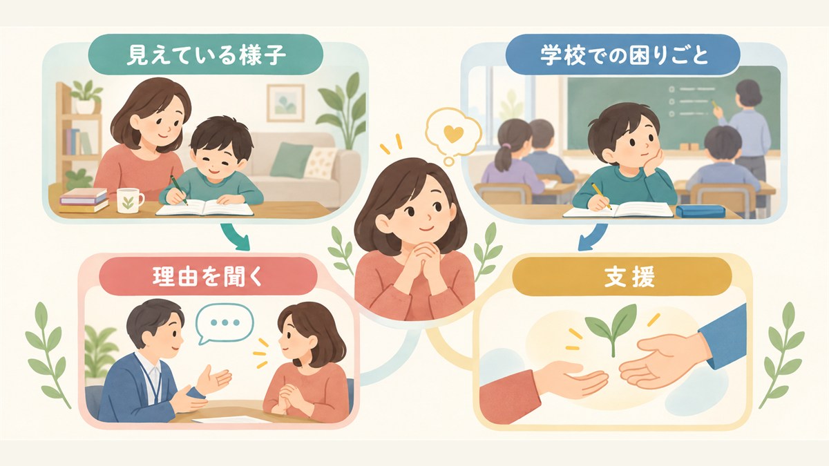 見えている様子だけでなく学校での困りごとと必要な支援の理由を聞く図