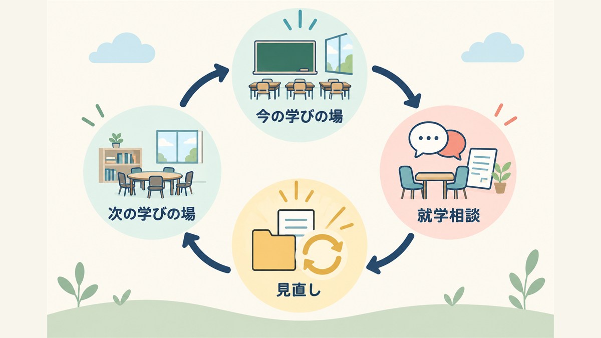 就学相談を通じて今の学びの場を見直し次の場を考える図