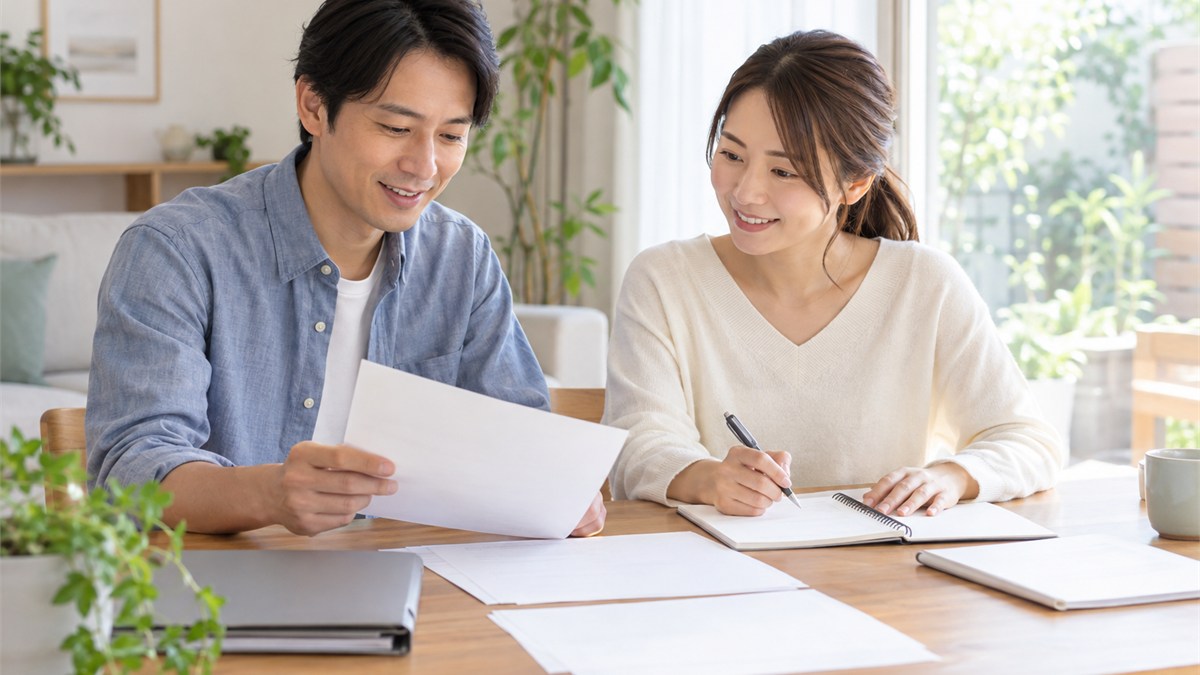 明るい自宅で相談の準備をする日本人の両親