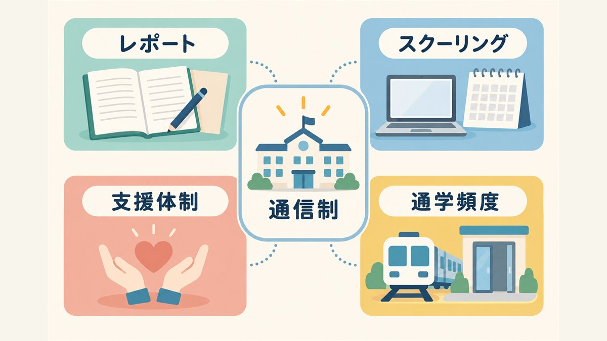 通信制高校のレポート・スクーリング・支援体制・通学頻度を確認する図