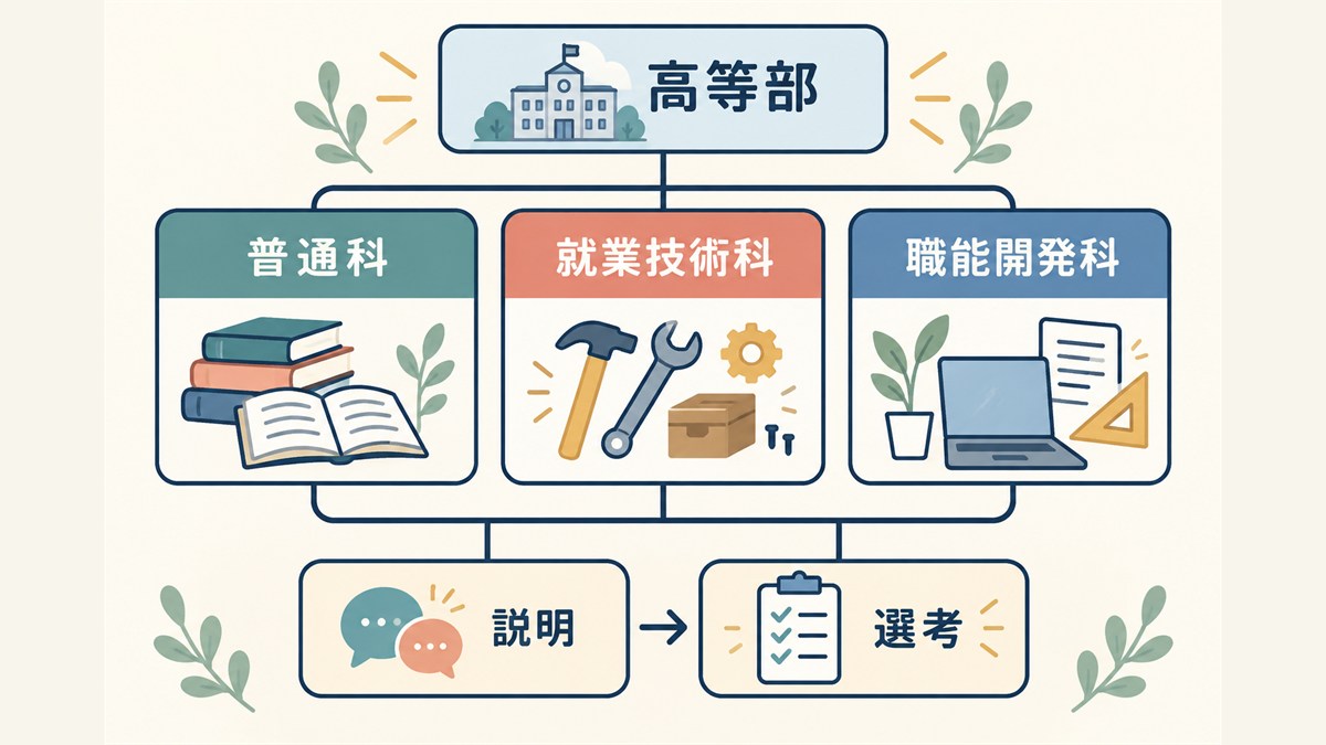 高等部の普通科・就業技術科・職能開発科と説明・選考を示す図