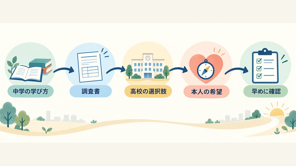 中学の学び方から調査書、高校の選択肢、本人の希望を早めに確認する図
