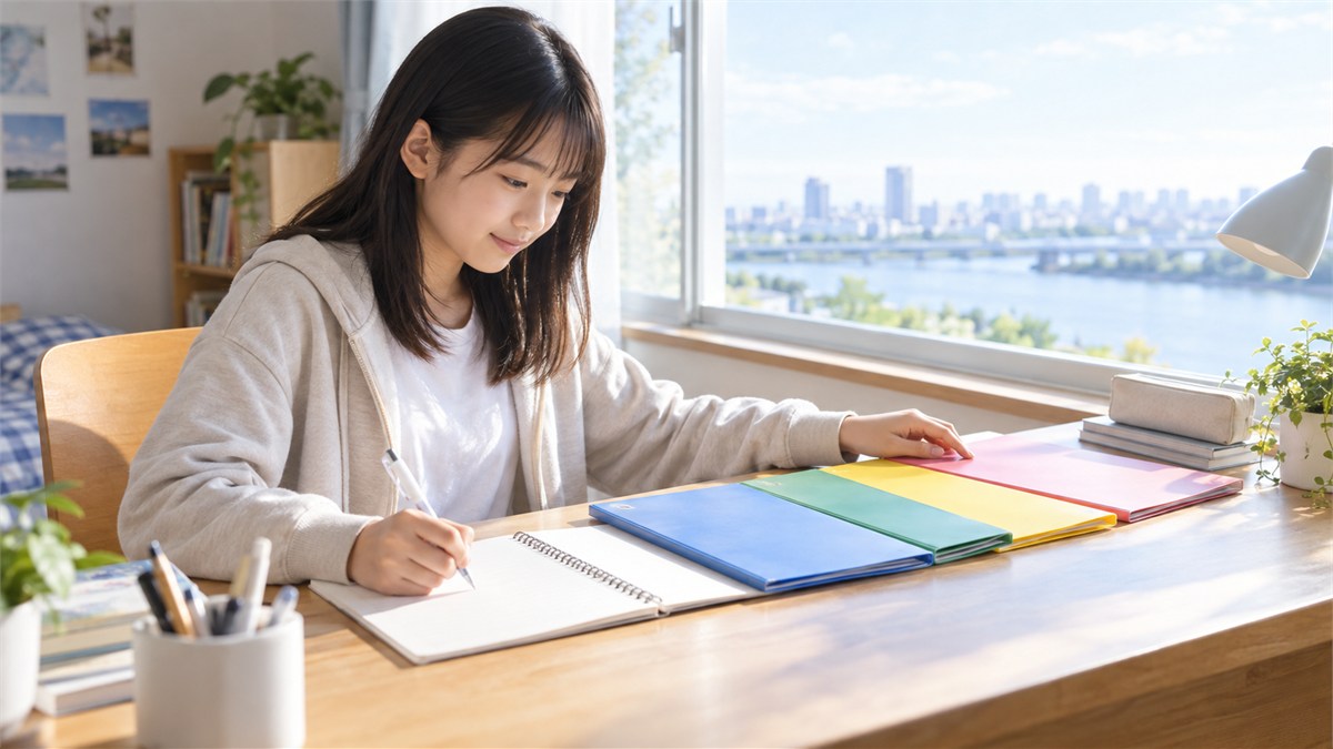 明るい窓辺で進路資料を整理する私服の日本人中学生