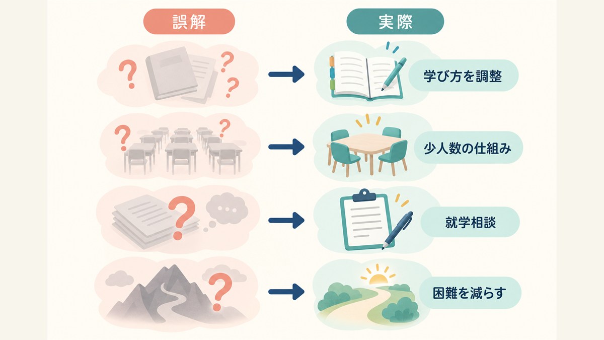 誤解と実際を並べ、学び方の調整や困難を減らす支援を示す図
