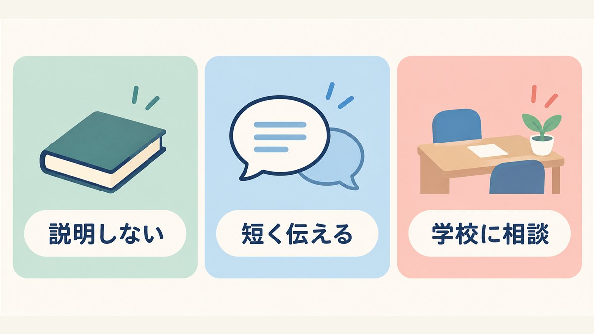 説明しない・短く伝える・学校に相談するという3つの対応の図