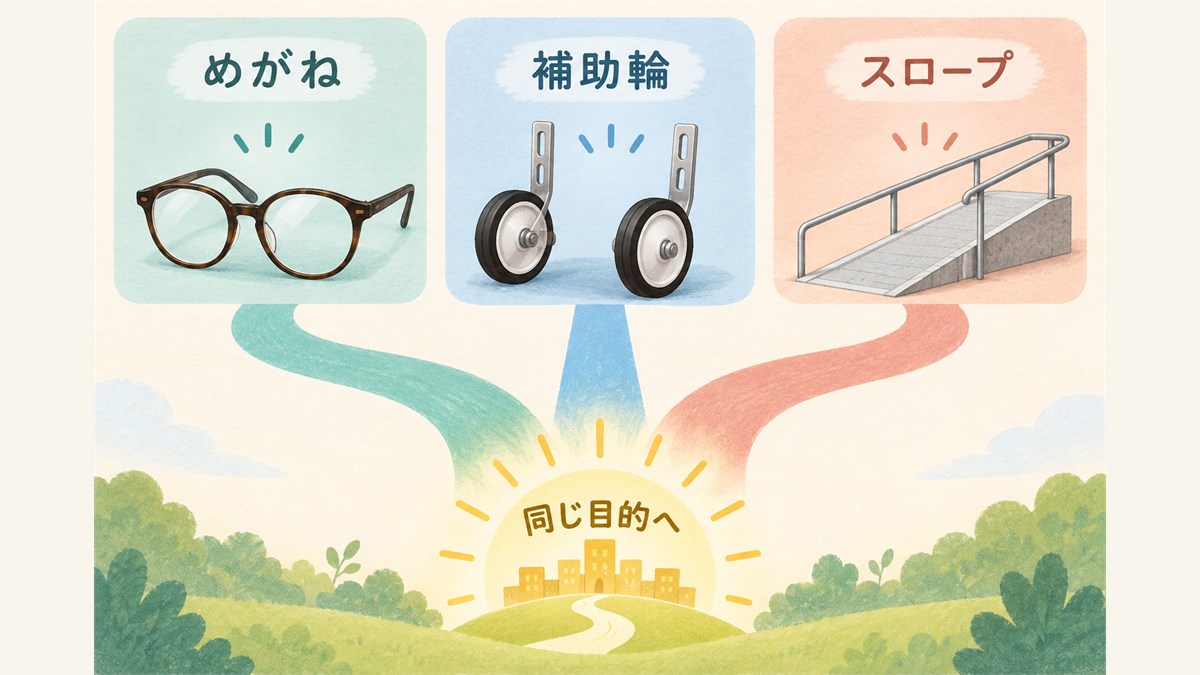 めがね・補助輪・スロープが同じ目的への支援であることを示す図