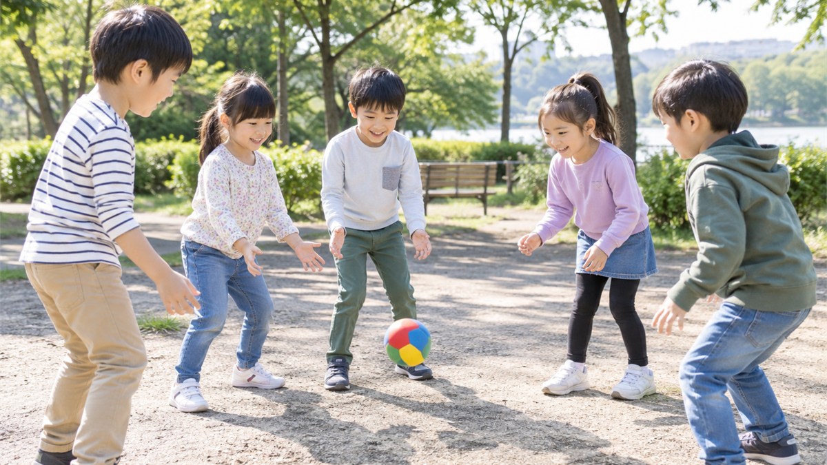 明るい公園で自然に一緒に遊ぶ日本人の小学生たち