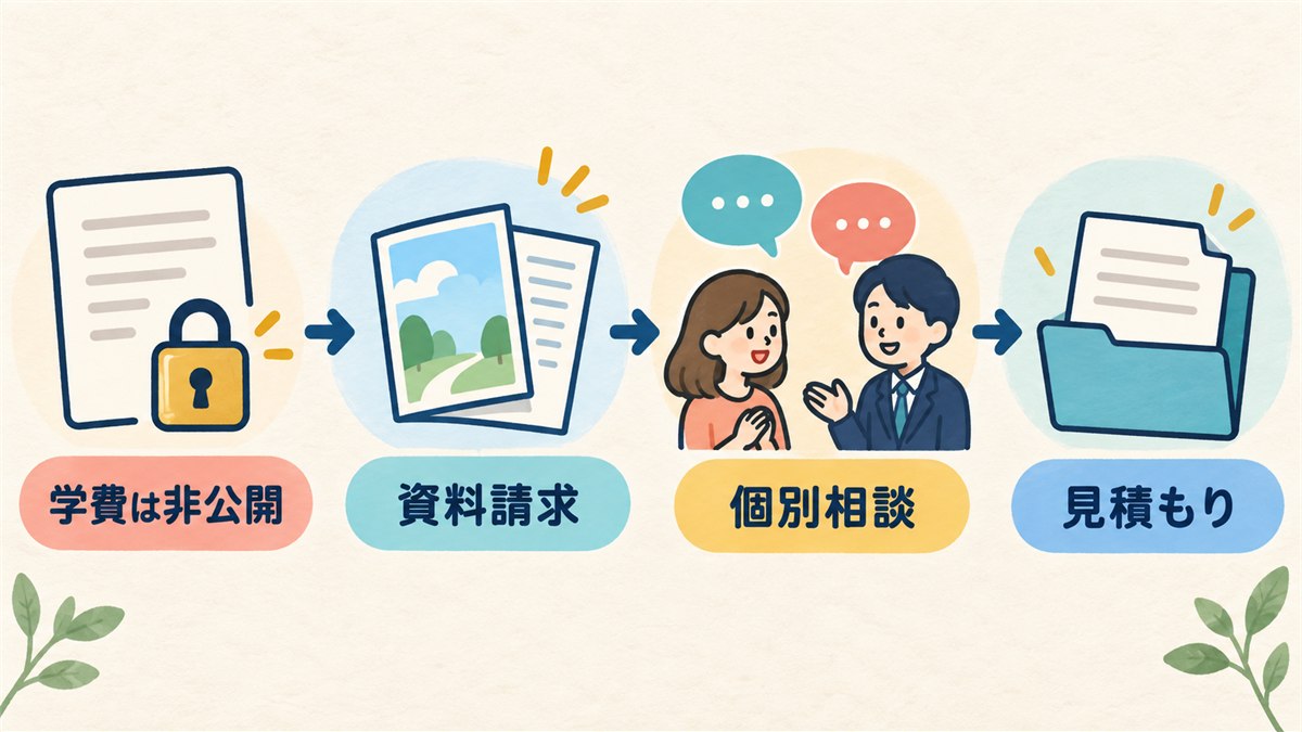 非公開の学費を資料請求や個別相談で確認する流れ図