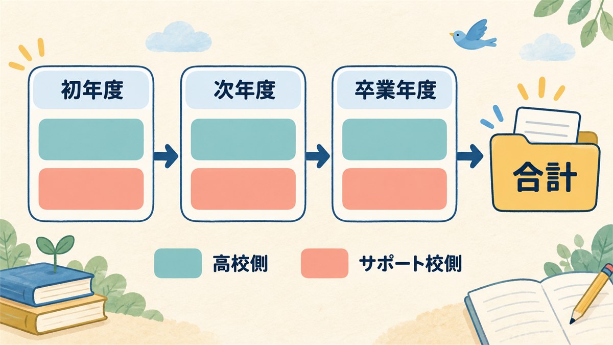 高校側とサポート校側を合わせて三年間を試算する流れ図